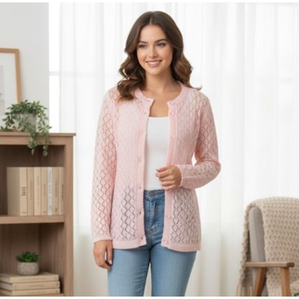 Crochet Cardigan Vintage Pink Delicate Button Front Sweater Womens Size M